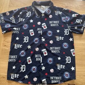 Men's Detroit Tigers Baseball Collared Shirt Size Lg Detroit Roots Miller Lite